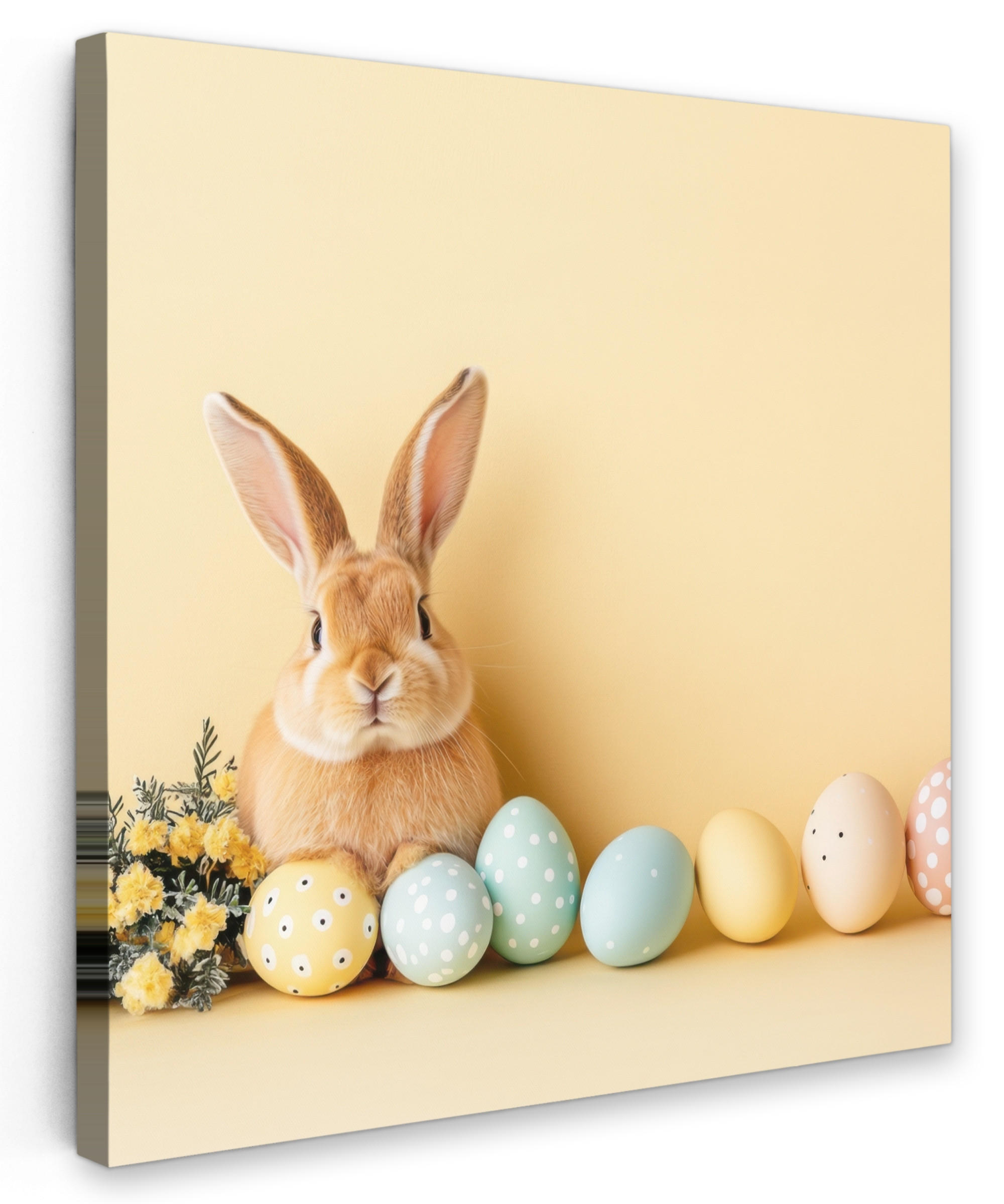 LEINWANDBILD Eier - Kaninchen - Pastellfarbtöne Deko Groß 90x90 cm - Hellgelb, Textil (90/90cm) - MuchoWow