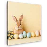 LEINWANDBILD Eier - Kaninchen - Pastellfarbtöne Deko Groß 90x90 cm - Hellgelb, Textil (90/90cm) - MuchoWow