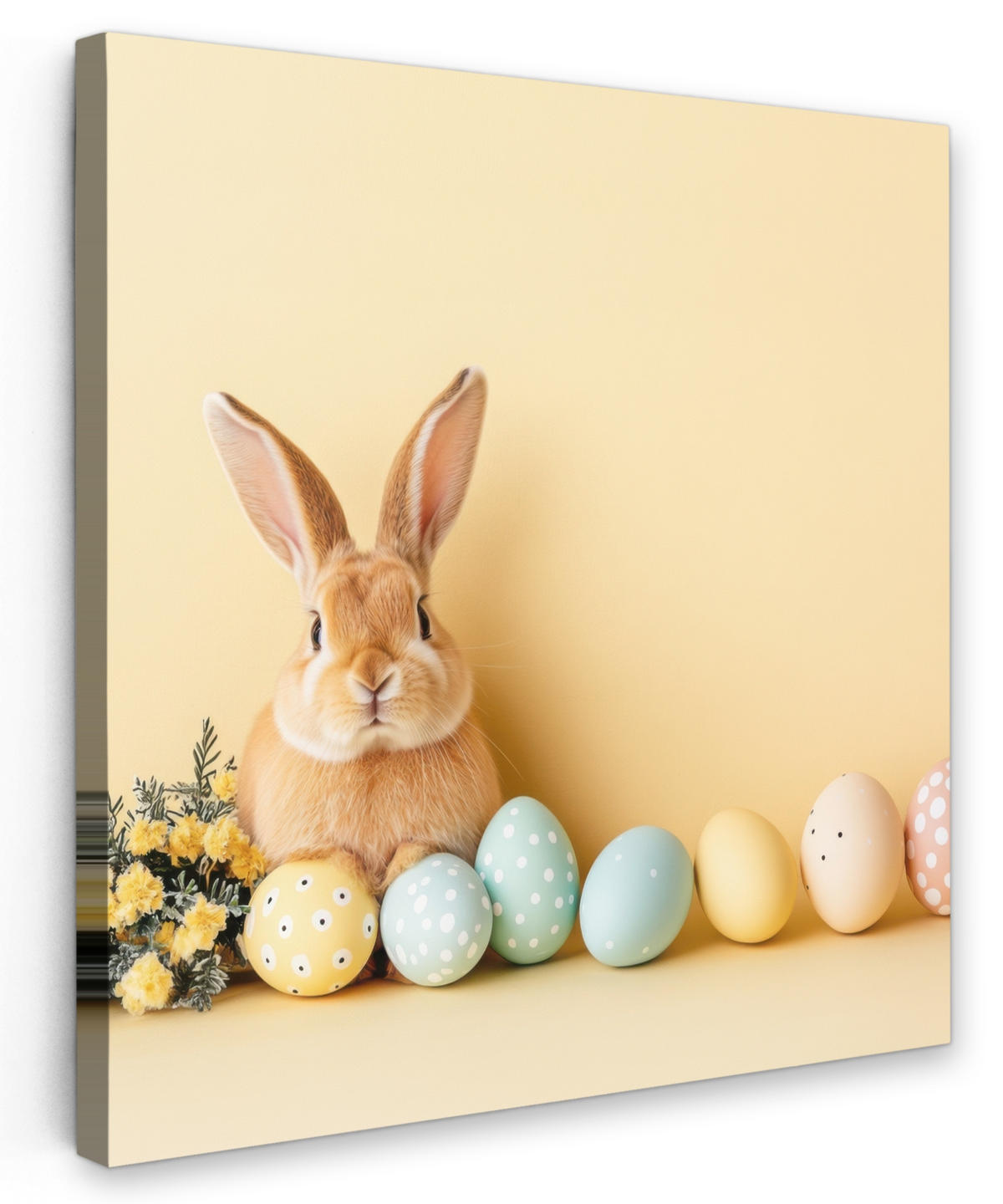 LEINWANDBILD Eier - Kaninchen - Pastellfarbtöne Deko Groß 90x90 cm - Hellgelb, Textil (90/90cm) - MuchoWow