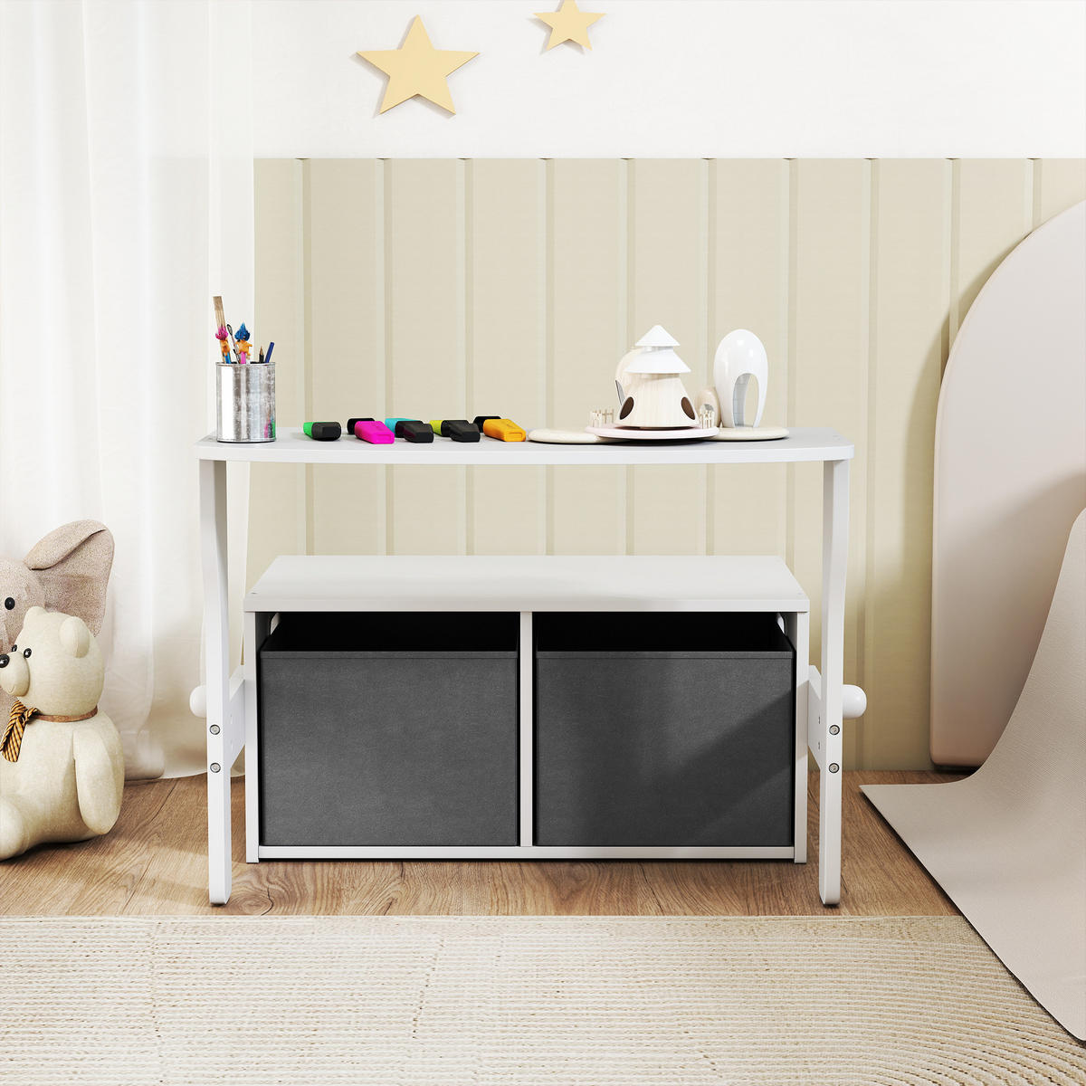 SPIELZEUGTRUHE DE-17273 3-in-1 mit Tisch, Stühlen & Stoffboxen Weiß - Weiß, Metall (46.5/67.6cm) - ComfortXL