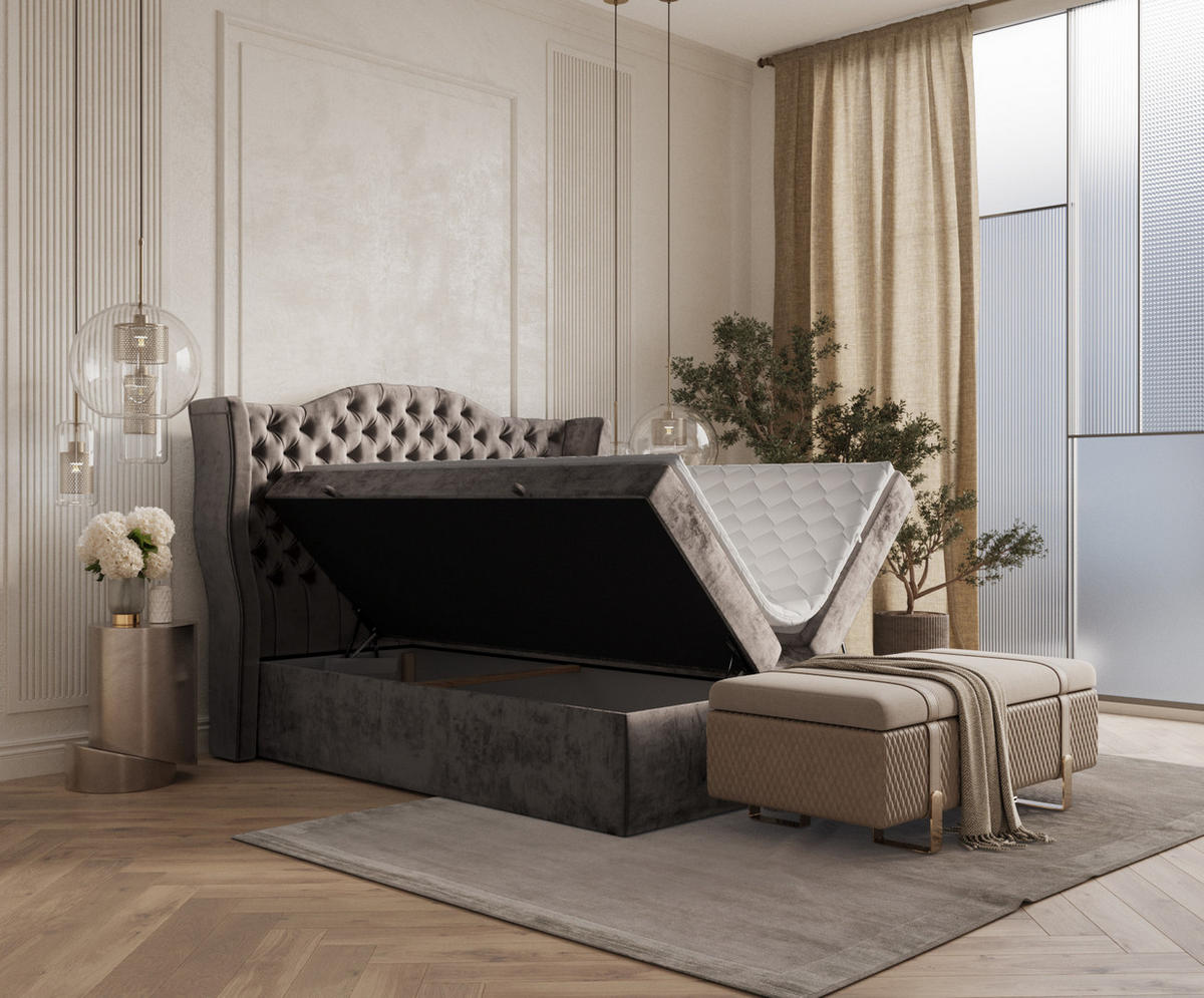 BOXBETT Royal Braun 180/200 cm im Chenille-Stoff - Schwarz/Braun, Holz/Holzwerkstoff (180/200cm) - Maison de Reve