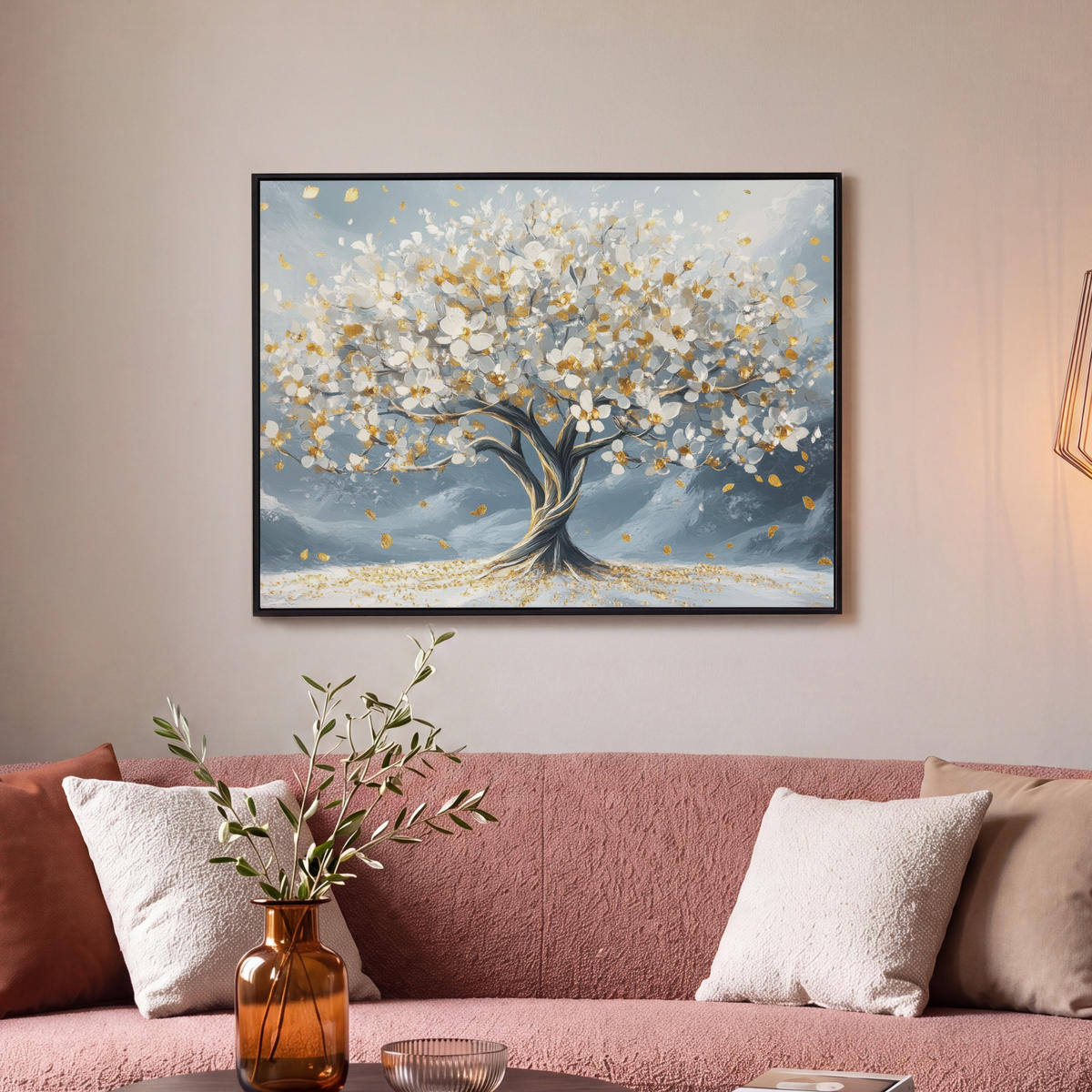 LEINWAND Bilder mit Rahmen - Baum - Winter - Baum des Lebens - Modern - Gold - 80x60 - Goldfarben, Textil (80/60cm) - MuchoWow