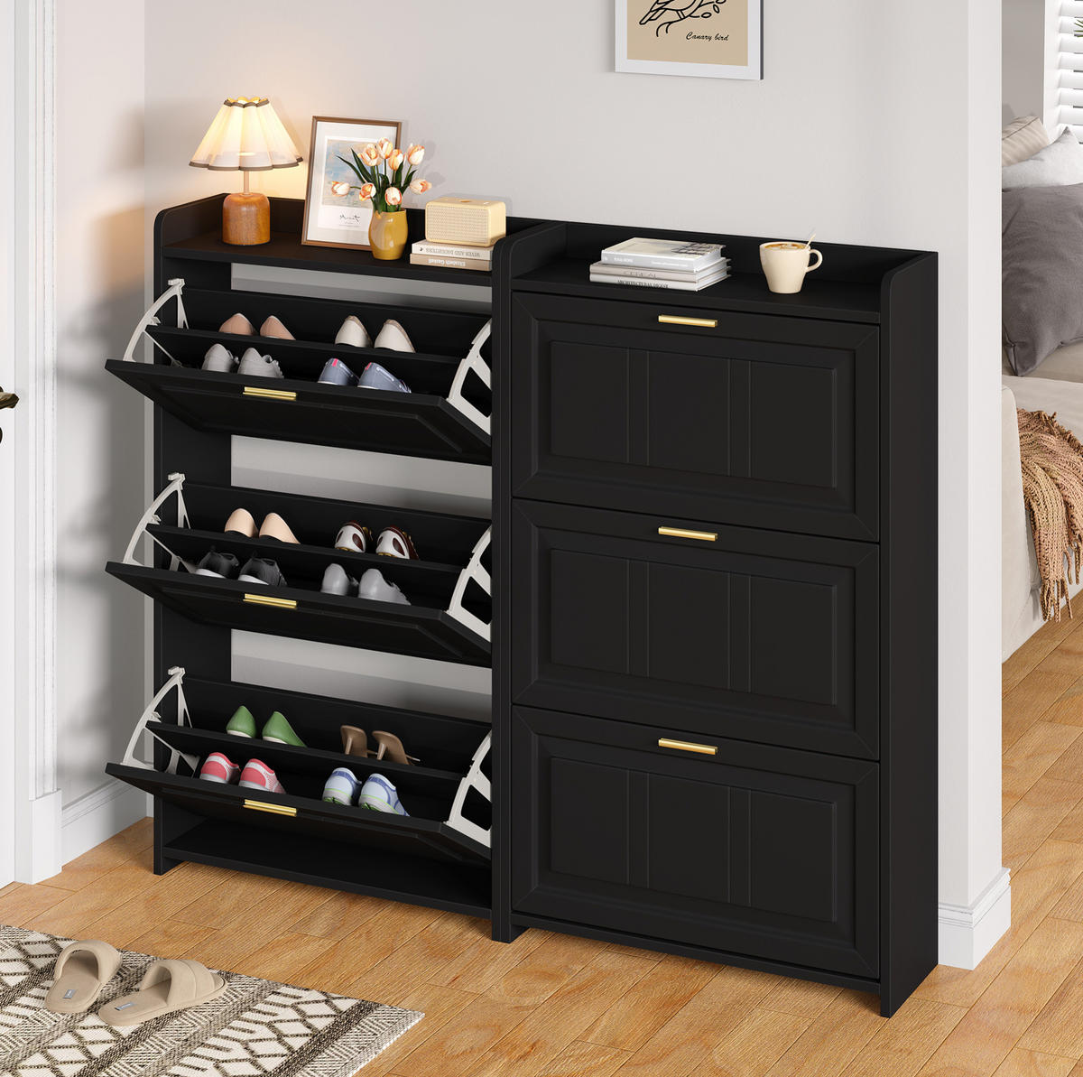 SCHUHSCHRANK mit 3 Klappen 70/24/120 cm im 2er-Set, schwarz - Schwarz, Holzwerkstoff (140/120/24cm) - BEAOK