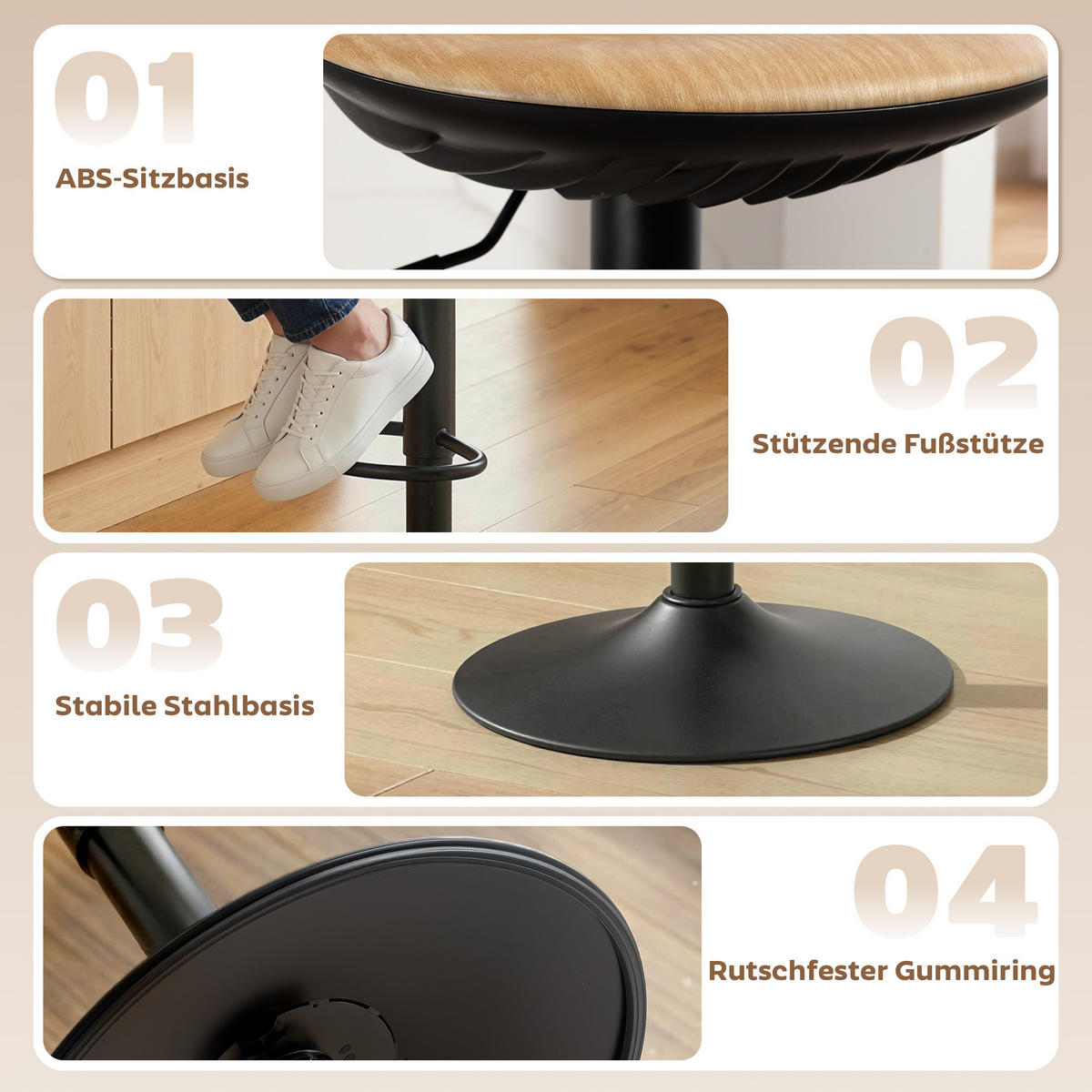 BARHOCKER 2er Set PU Leder Stahl Eiche - Eichefarben/Schwarz, Leder/Metall (40/84/40cm) - HOMCOM