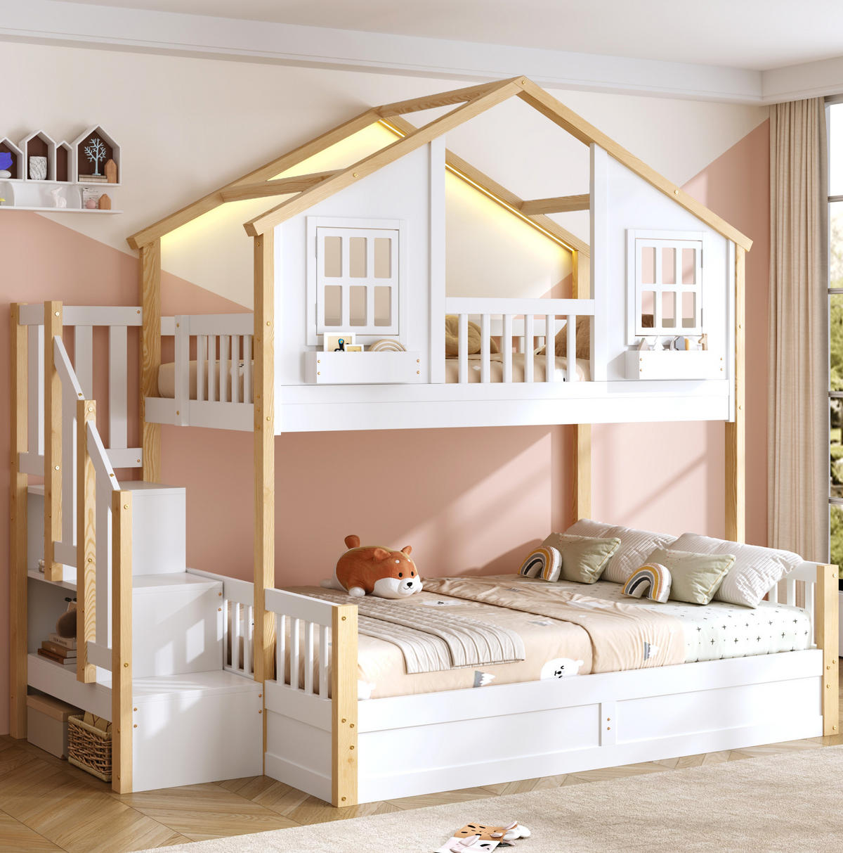 ETAGENBETT mit Stauraumtreppe 90x200 + 140x200 cm Kiefernholz Weiß - Weiß, Holzwerkstoff (90/200cm) - Beauniv