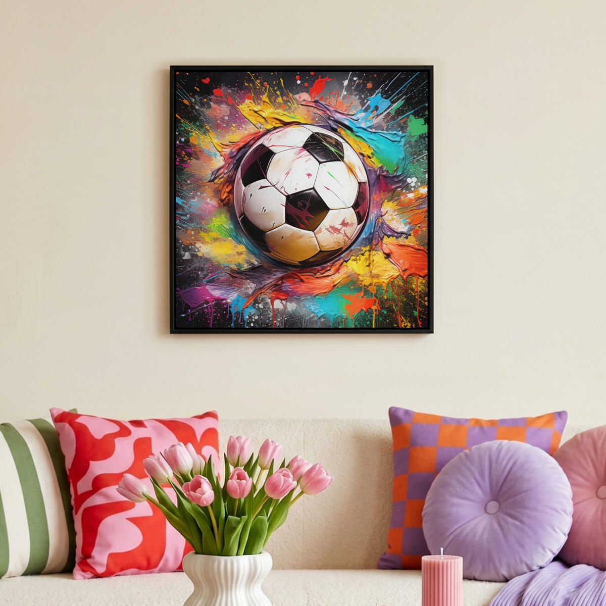 LEINWAND Bilder mit Rahmen - Fußball - Farbe - Farben - Schwarz - Weiß - 50x50 - Weiß, Textil (50/50cm) - MuchoWow