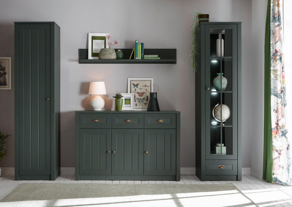 WOHNWAND grün Landhaus 4-teilig 270 cm, Wohnkombination mit viel Stauraum - Chromfarben/Schwarz, Glas/Holzwerkstoff (270/198/43cm) - Furn.Design