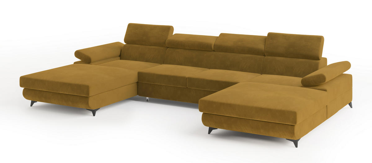 WOHNLANDSCHAFT DETTI Gelb Velours-Stoff mit Schlaffunktion - Gelb, Holz (339/89/190cm) - MASSENO