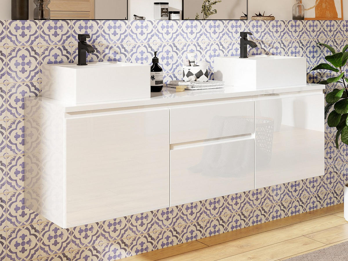 DOPPELWASCHTISCH - 150 cm x 50 cm - Holz, Platte - Weiß - JIMENA - Weiß, Holz (150/46/50cm) - Vente-Unique