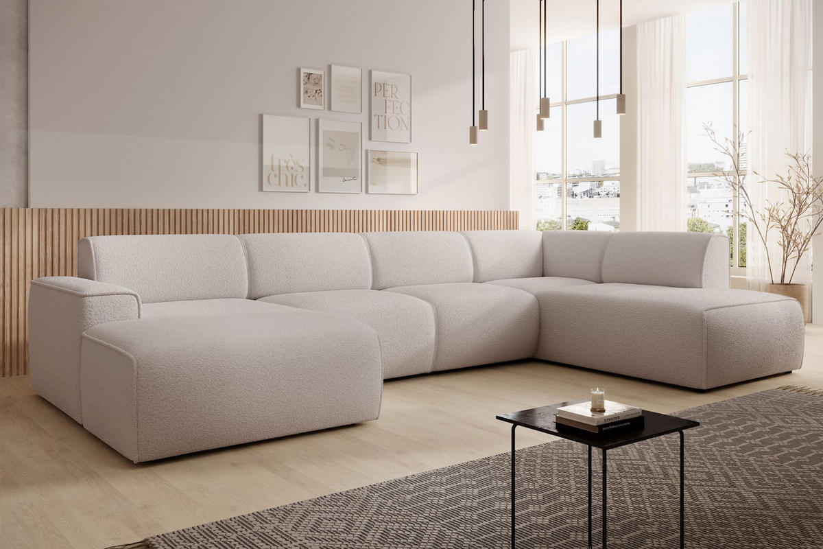 WOHNLANDSCHAFT Bouvi Hellbeige rechts - Ecru/Schwarz, Kunststoff/Textil (220/378cm) - Selsey