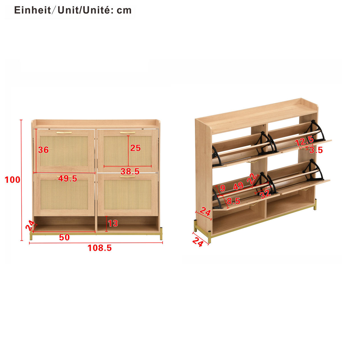 SCHUHSCHRANK Holz Rattantüren 4 Türen Metallrahmen Regal - Hellbraun, Holzwerkstoff (24/100/108.5cm) - FLIEKS