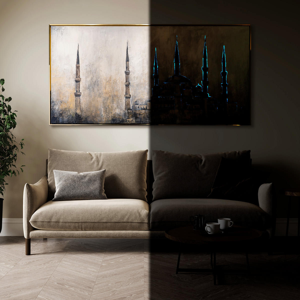 GEMÄLDE Oase des Glaubens Schattenfugenrahmen Gold 120x60 cm - Goldfarben, Holz (120/60cm) - YS-art gallery
