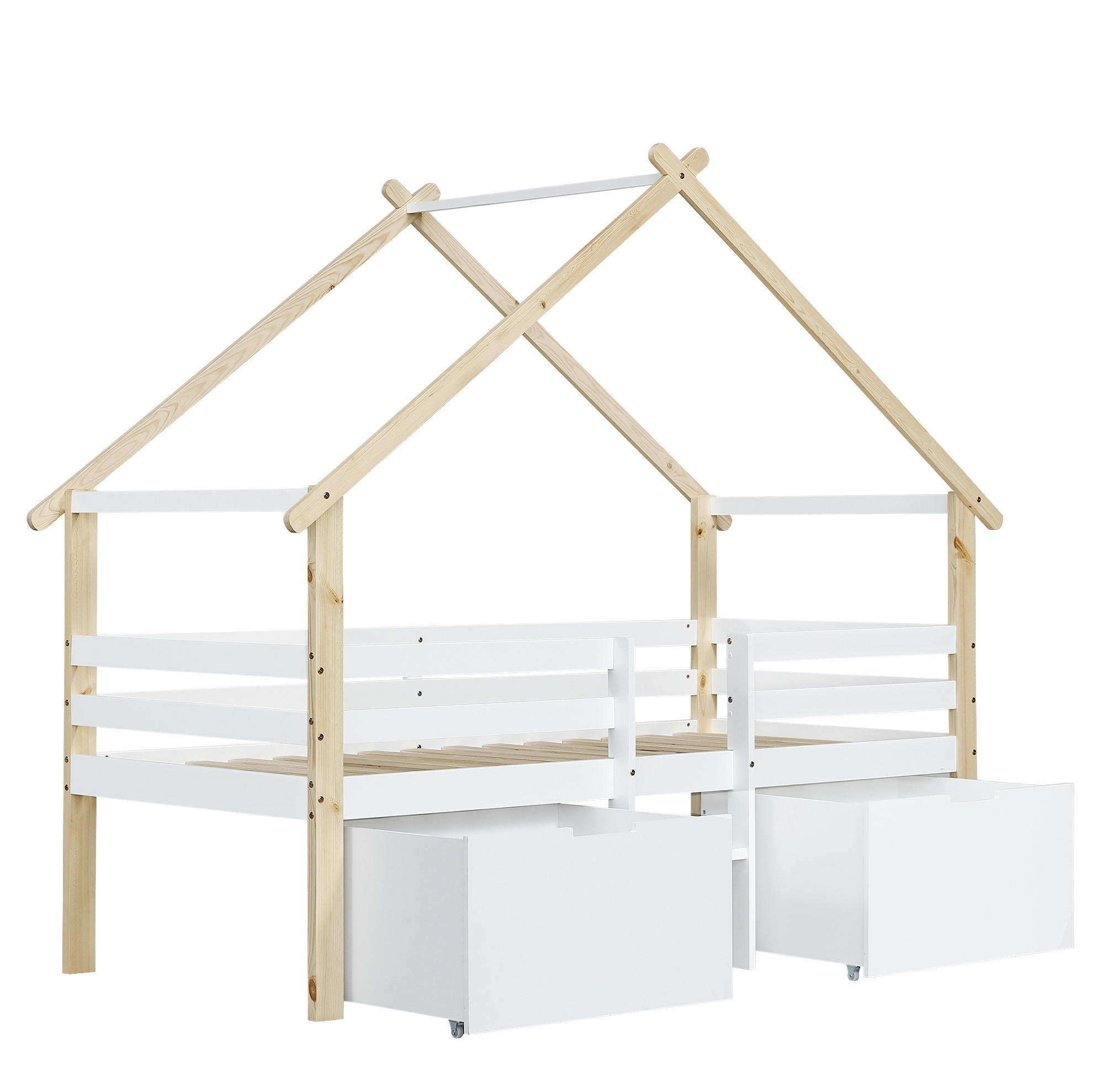 KINDEREINZELBETTEN aus Holz & MDF 90x200 cm in Weiß/Natur mit Treppe & 2 Fächern - Weiß, Holzwerkstoff (90/200cm) - Modfu