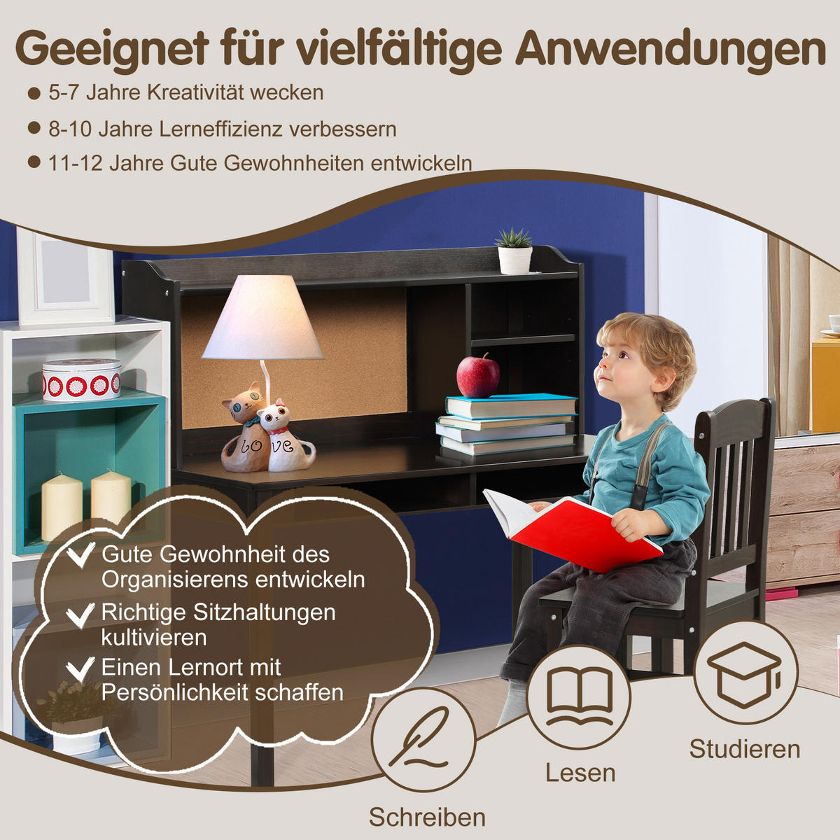 KINDERSCHREIBTISCH mit Hängeplatte braun(2-tlg) - Braun, Holzwerkstoff (111.5/110.7/60.5cm) - COSTWAY