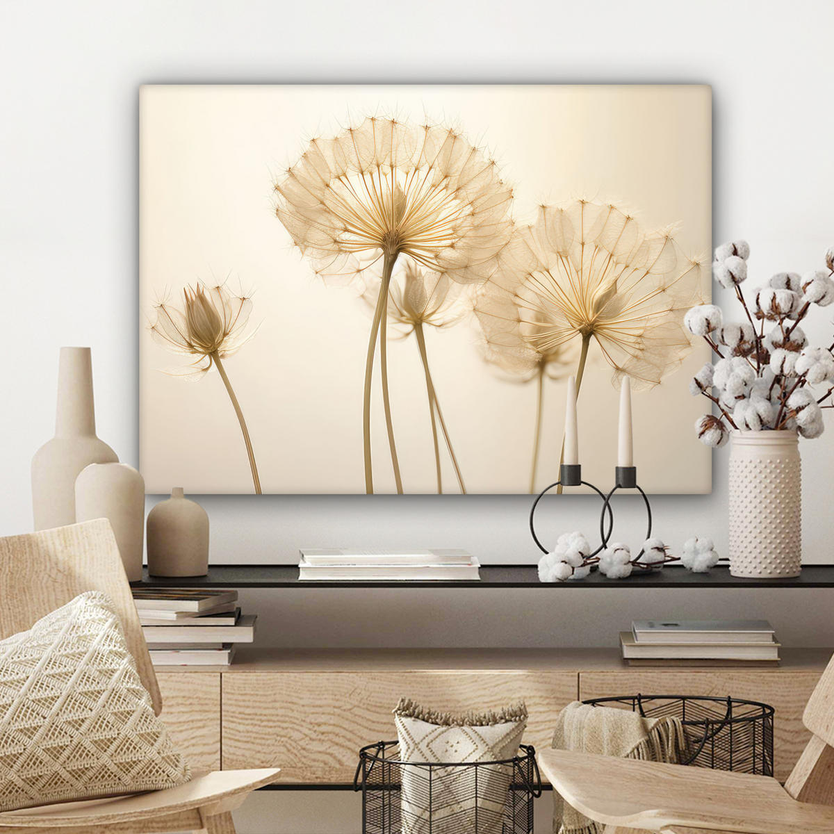 LEINWANDBILD Sonnenlicht - Löwenzahn - Botanisch - Blumen Wandbilder 80x60 cm - Creme, Textil (80/60cm) - MuchoWow