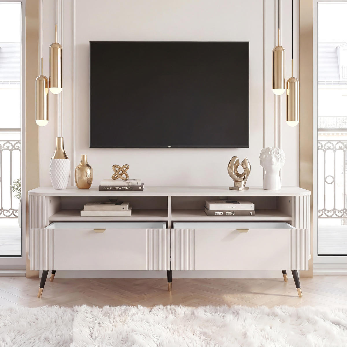 TV-SCHRANK AURA auf Füßen mit geriffelter Front - Beige, Holzwerkstoff (138/53/40cm) - Idohome
