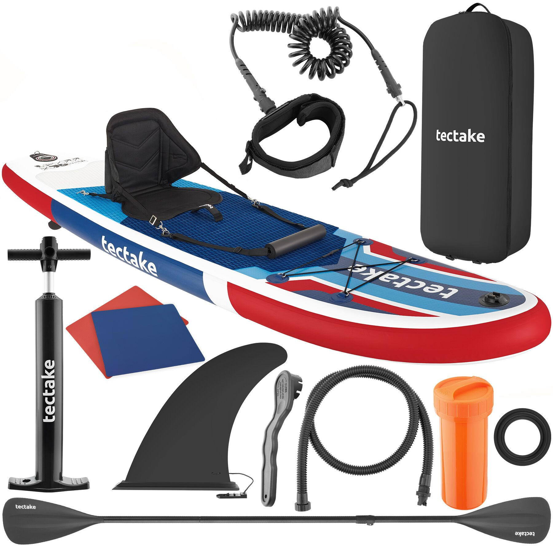 STAND-UP PADDLE BOARD Poseidon, Belastbarkeit 200 kg, inklusive Kajak-Sitz, rot/blau - Rot, Kunststoff (288/77/0.23cm) - tectake