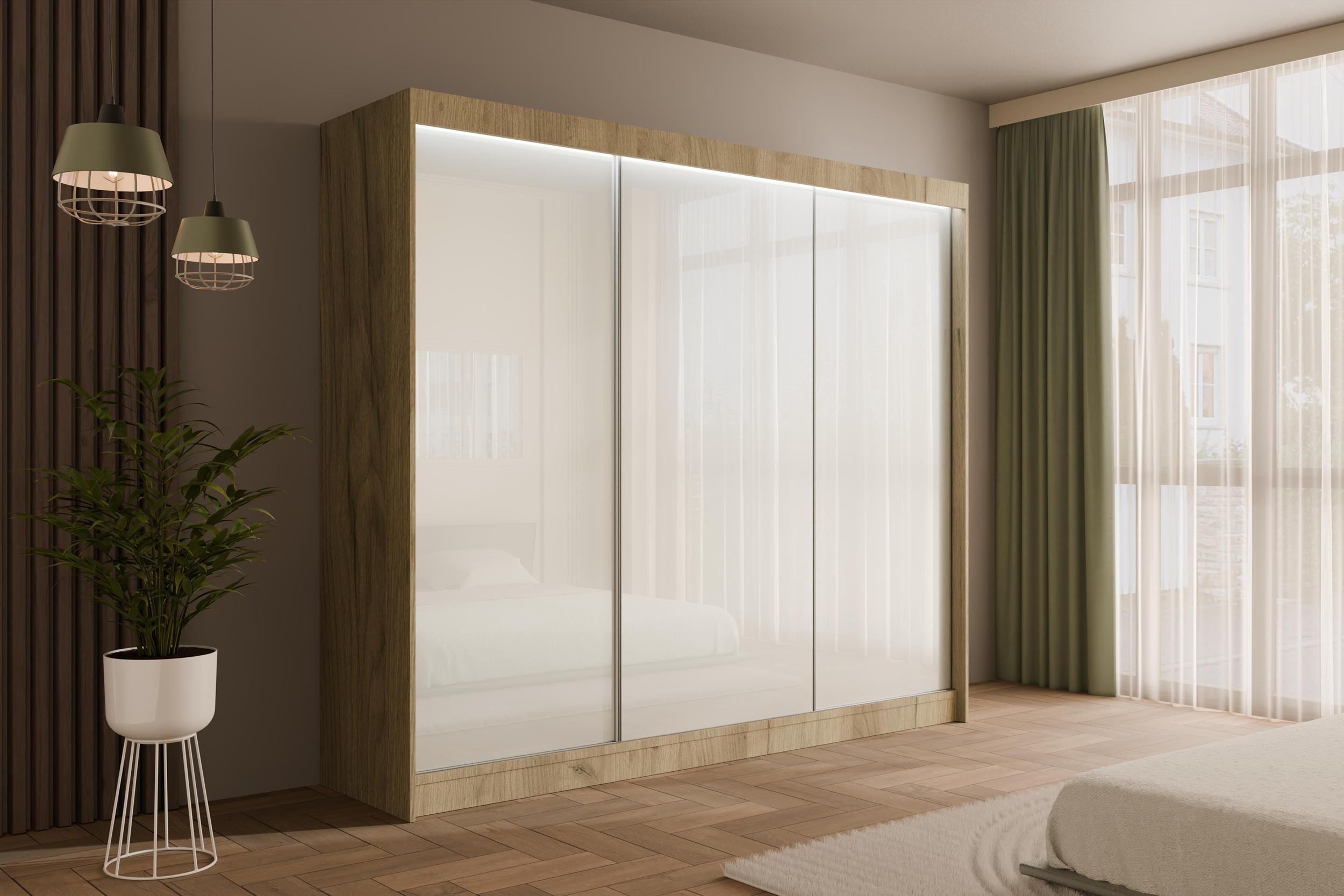 KLEIDERSCHRANK PEKA mit LED - 250 cm - Eichefarben|Weiß - Eichefarben/Weiß, Holzwerkstoff (250/215/61cm) - ALTDECOR