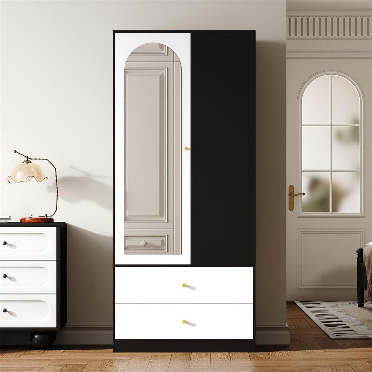 KLEIDERSCHRANK mit Spiegel und einer Tür - 2 Schubladen & 4 Fächern - 80x40x180 cm - Weiß & Schwarz - Schwarz, Holzwerkstoff (80/180/40cm) - DELFA