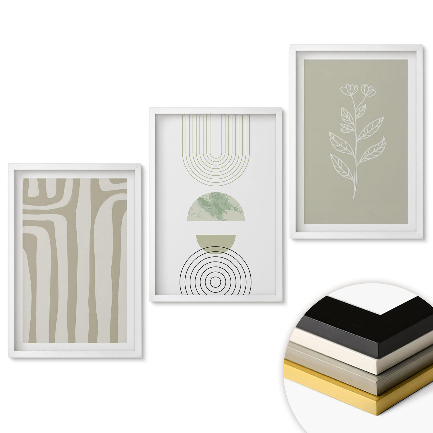 WANDBILDER 3er-Set - 40x60 cm Weißer Rahmen - Geometrische Pflanzenmuster - Weiß, Kunststoff (40/60cm) - ArtPrintCave