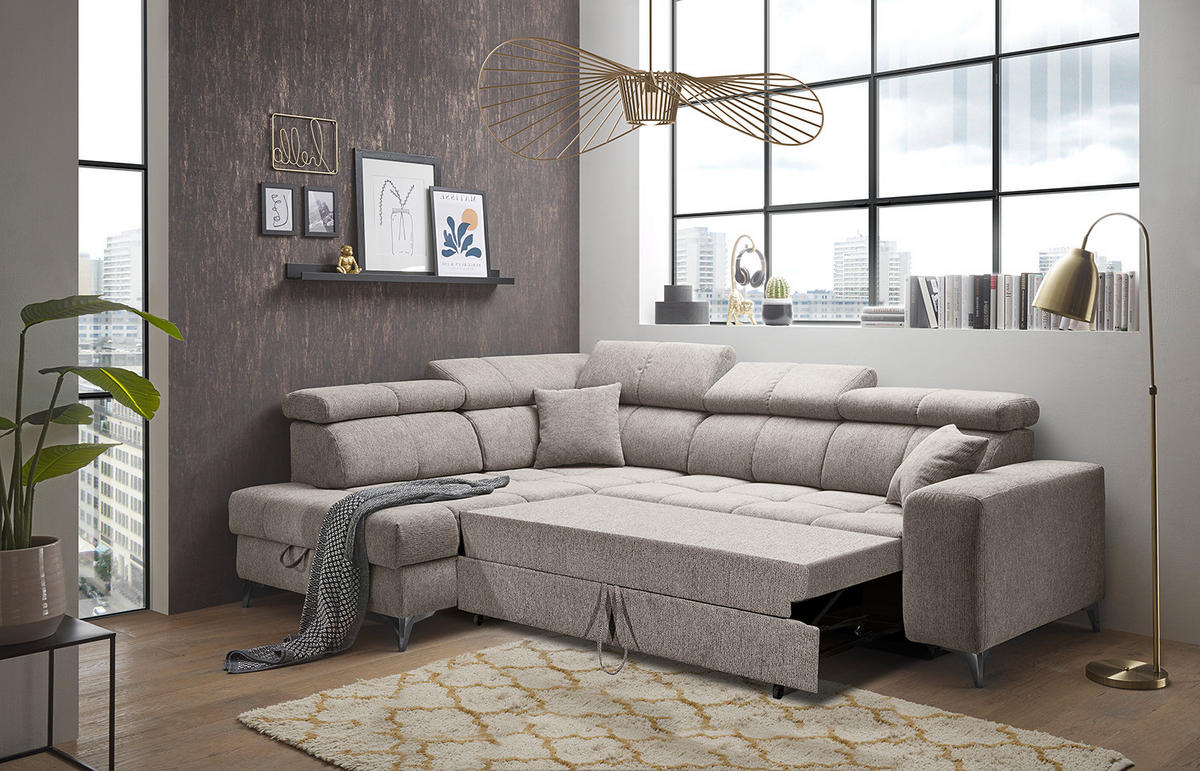 ECKSOFA mit Schlaffunktion - Webstoff - Taupe/Schwarz, Kunststoff/Textil (282/198cm) - home24