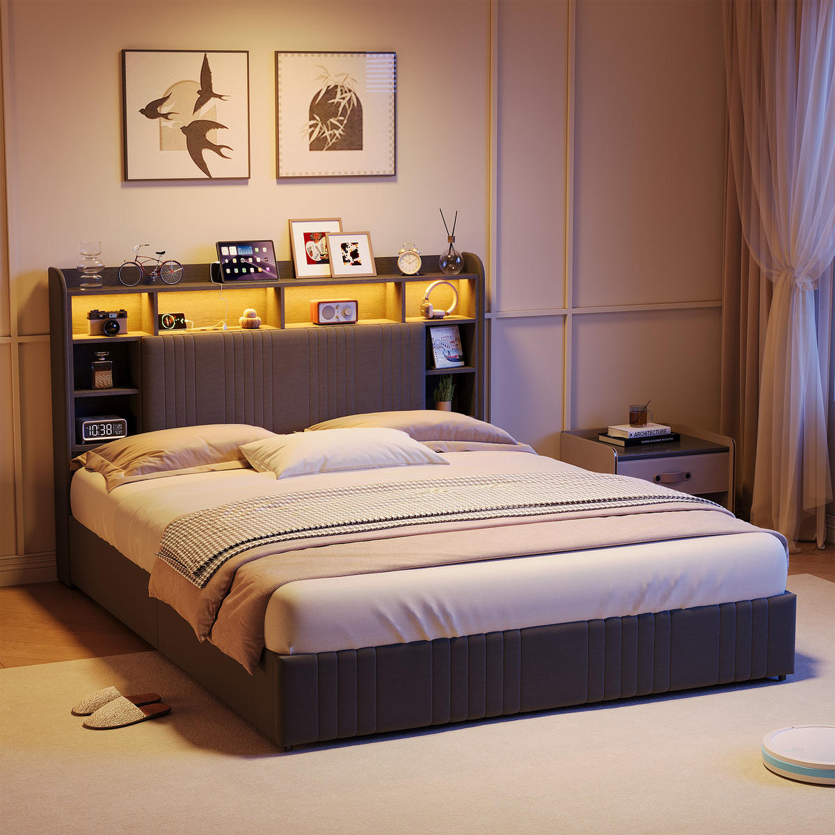POLSTERBETT 140x200 cm LED USB 4 Schubladen Stauraum Kopfteil Leinen grau - Grau, Holz (140/200cm) - LEBENLANG