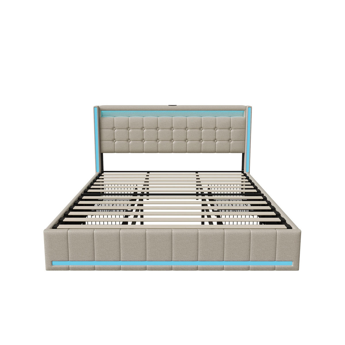 POLSTERBETT 180x200 cm Lumina Smart mit 3-Zonen RGB-LED, USB & USB-C, 4 Schubladen, Leinen-Optik, Beige - Beige, Textil (180/200cm) - DELFA