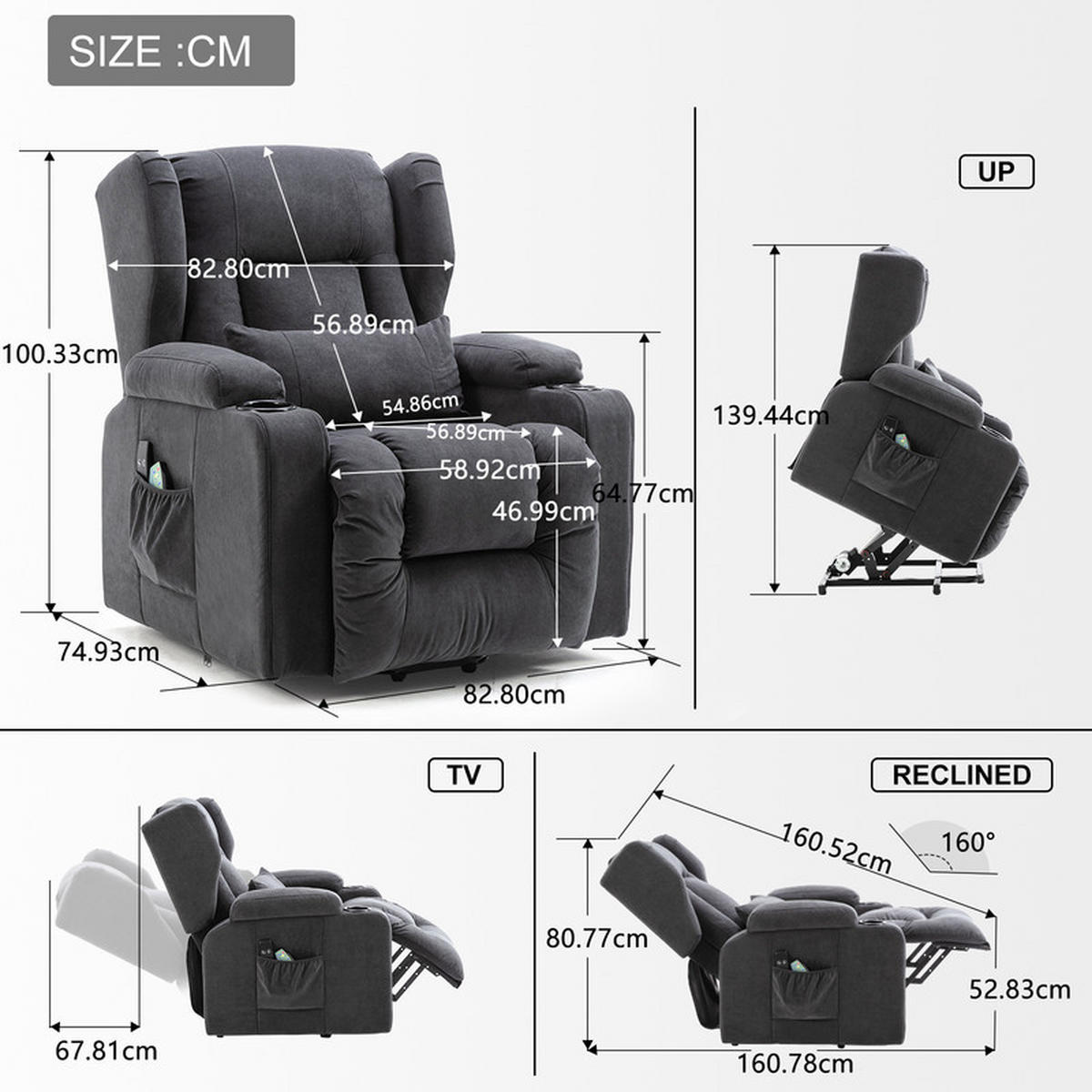 FERNSEHSESSEL mit Aufstehhilfe – elektrisch, Relaxsessel mit Massagefunktion, verstellbare Rückenlehne, Stoff - Grau, Textil (75/100/83cm) - Kaket