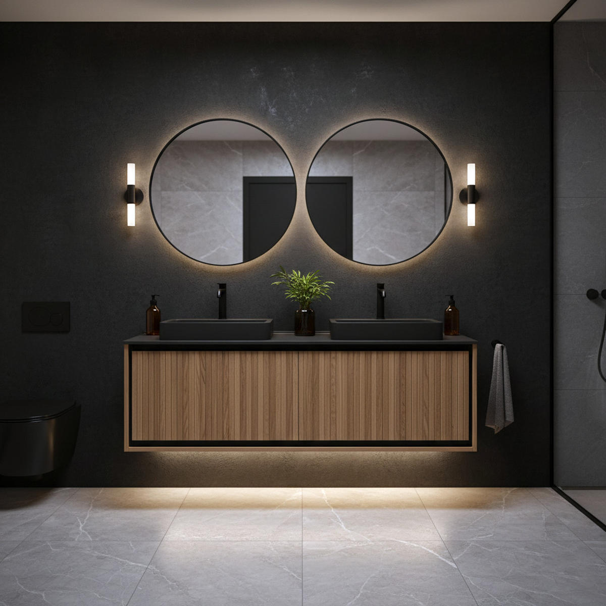 WASCHTISCHKOMBI Schwarz schwebend mit Doppelbecken - Eiche San Remo, Holzwerkstoff/Kunststoff (121/46.5/46cm) - Urban Meuble