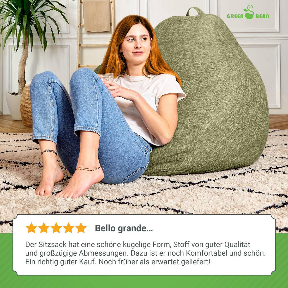 SITZSACK Indoor "Home Linen" - 200 Liter - Grün, Textil (80/90/50cm) - Green Bean