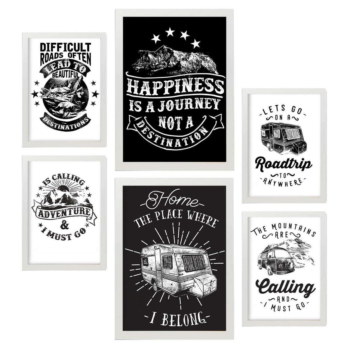 POSTER Set Mit 6 Reisen In Rustikale Zitate A3 & A4 Weißer Rahmen - Weiß, Papier (29/3cm) - Nacnic