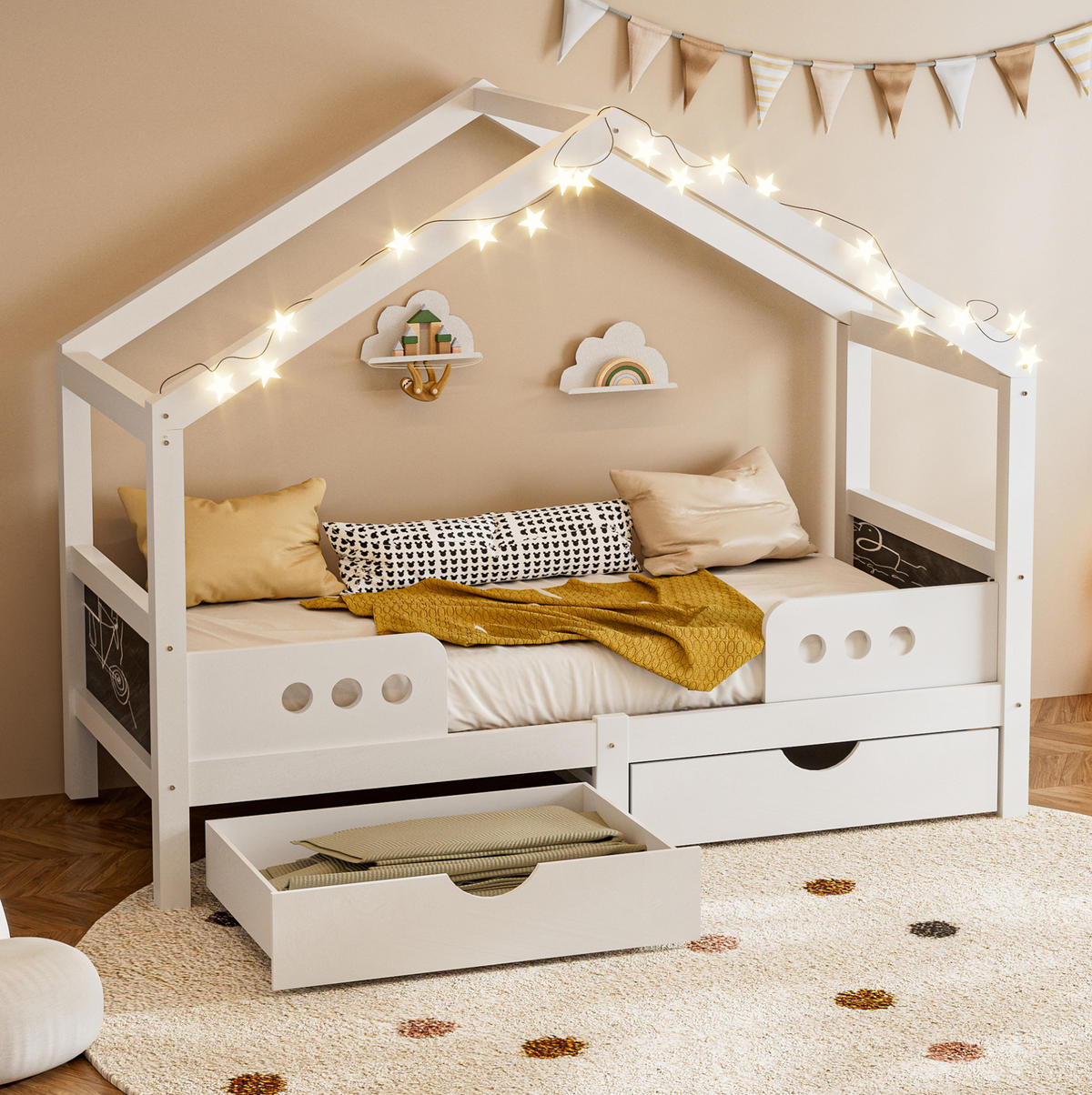 HAUSBETT mit Dachdesign 90/200 cm weiß mit 2 großen Schubladen - Weiß, Holz (90/200cm) - OKWISH