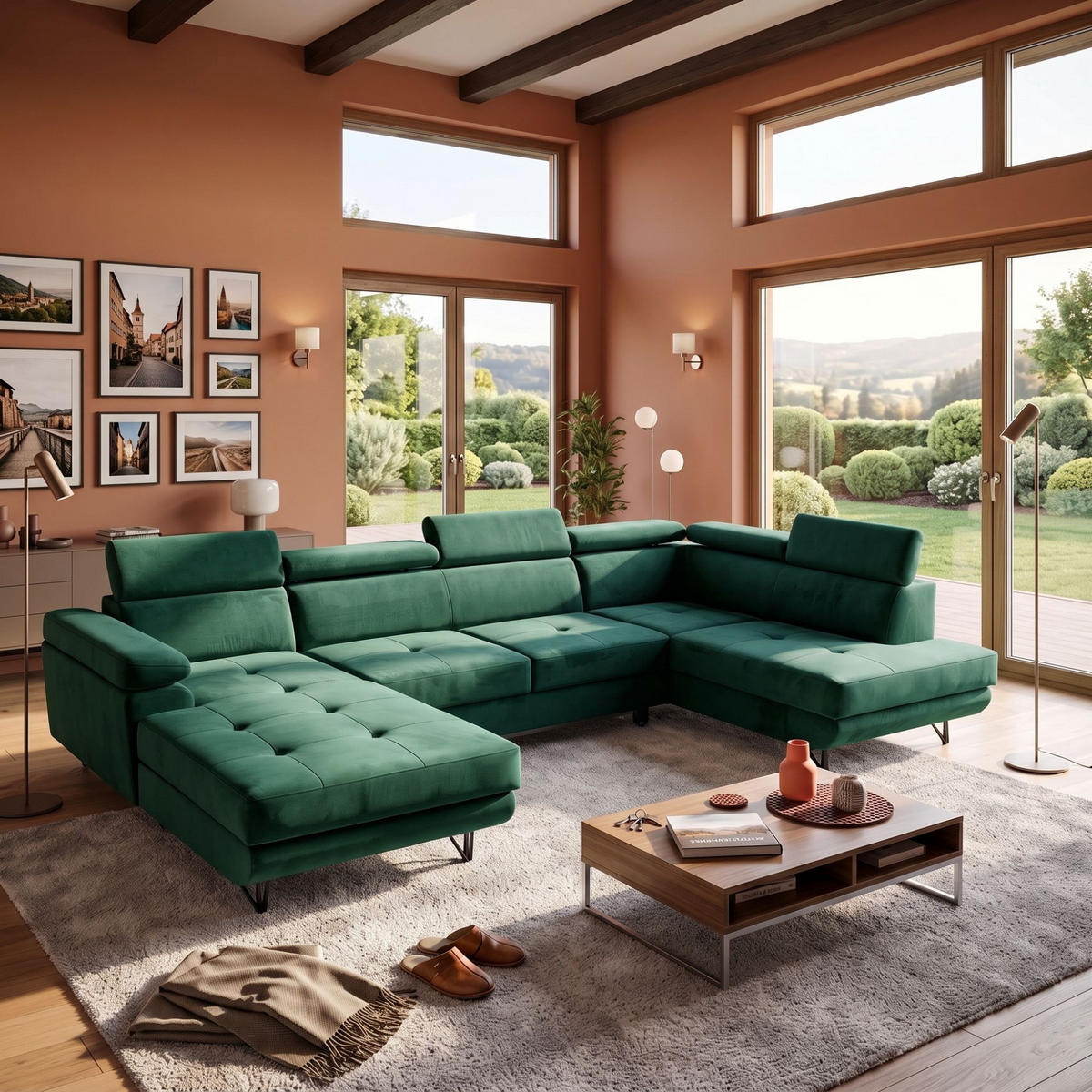 ECKSOFA U-Form JUNIOR U Rechts mit Schlaffunktion 128x254 Velours Dunkelgrün - Dunkelgrün/Schwarz, Holz/Textil (184/90/323cm) - Muffo