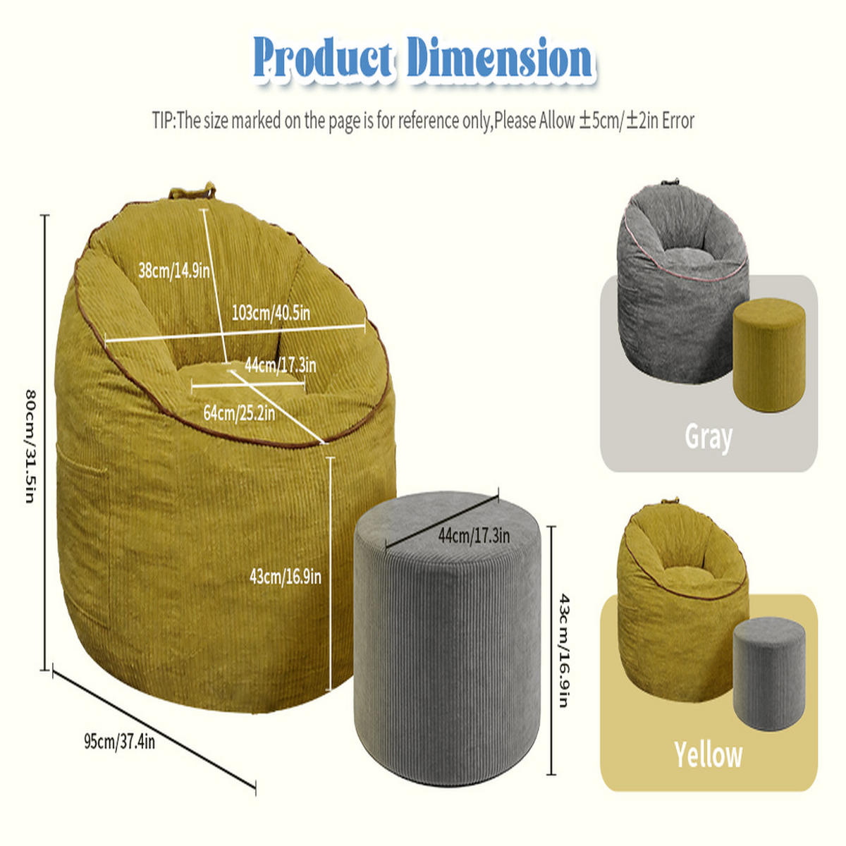 SITZSACK 103 x 95 x 80 cm mit Fußhocker - Gelb, Textil (95/35.5/103cm) - Raelunyi