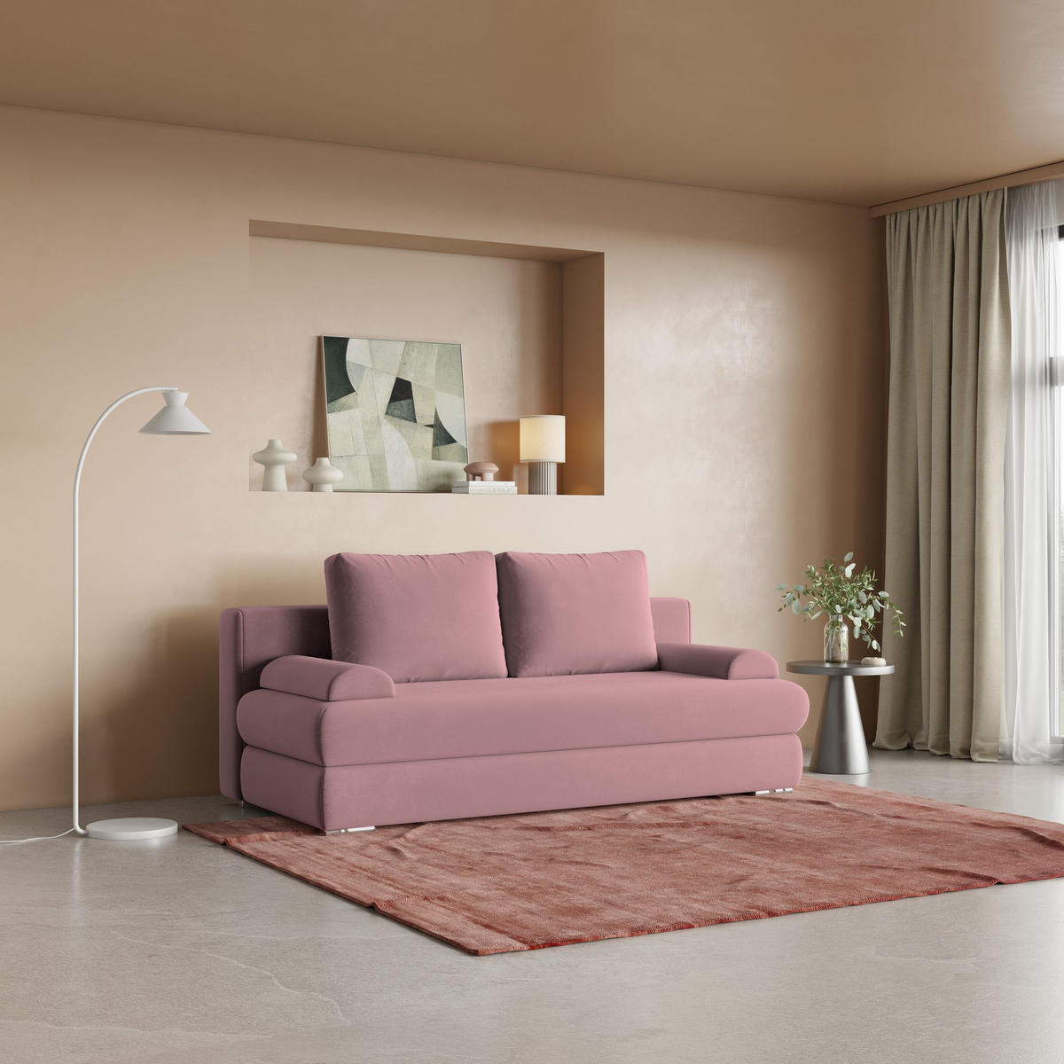 POHOVKA ASPERO, Plyšová látka KRONOS, Pudrová růžová - stříbrná/světle růžová, kompozitní dřevo/textil (200/75/95cm) - MASSENO