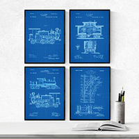 POSTER Set mit 4 Blau Eisenbahn Patent A4 Rahmenlos - Klar, Papier (29.7/3cm) - Nacnic