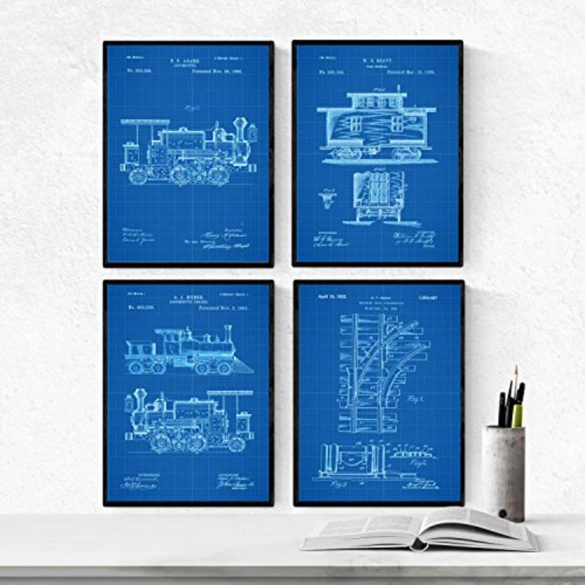 POSTER Set mit 4 Blau Eisenbahn Patent A4 Rahmenlos - Klar, Papier (29.7/3cm) - Nacnic