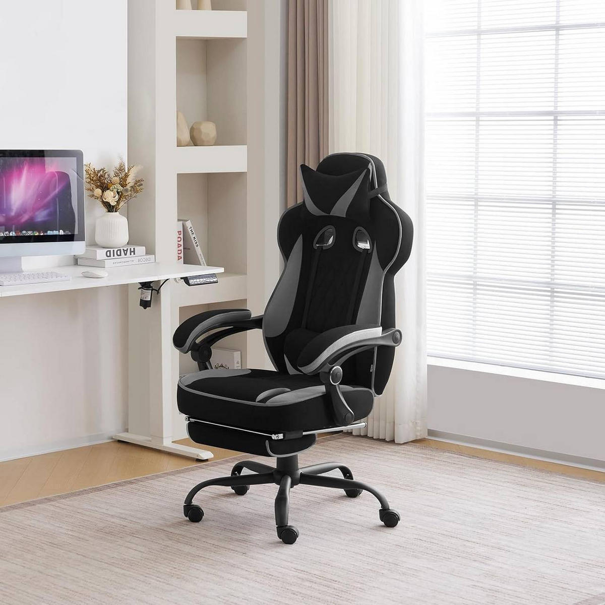 GAMINGSTUHL Mesh-Gewebe, Schwarz+Grau - Schwarz/Grau, Kunststoff/Textil (70/120/70cm) - Woltu