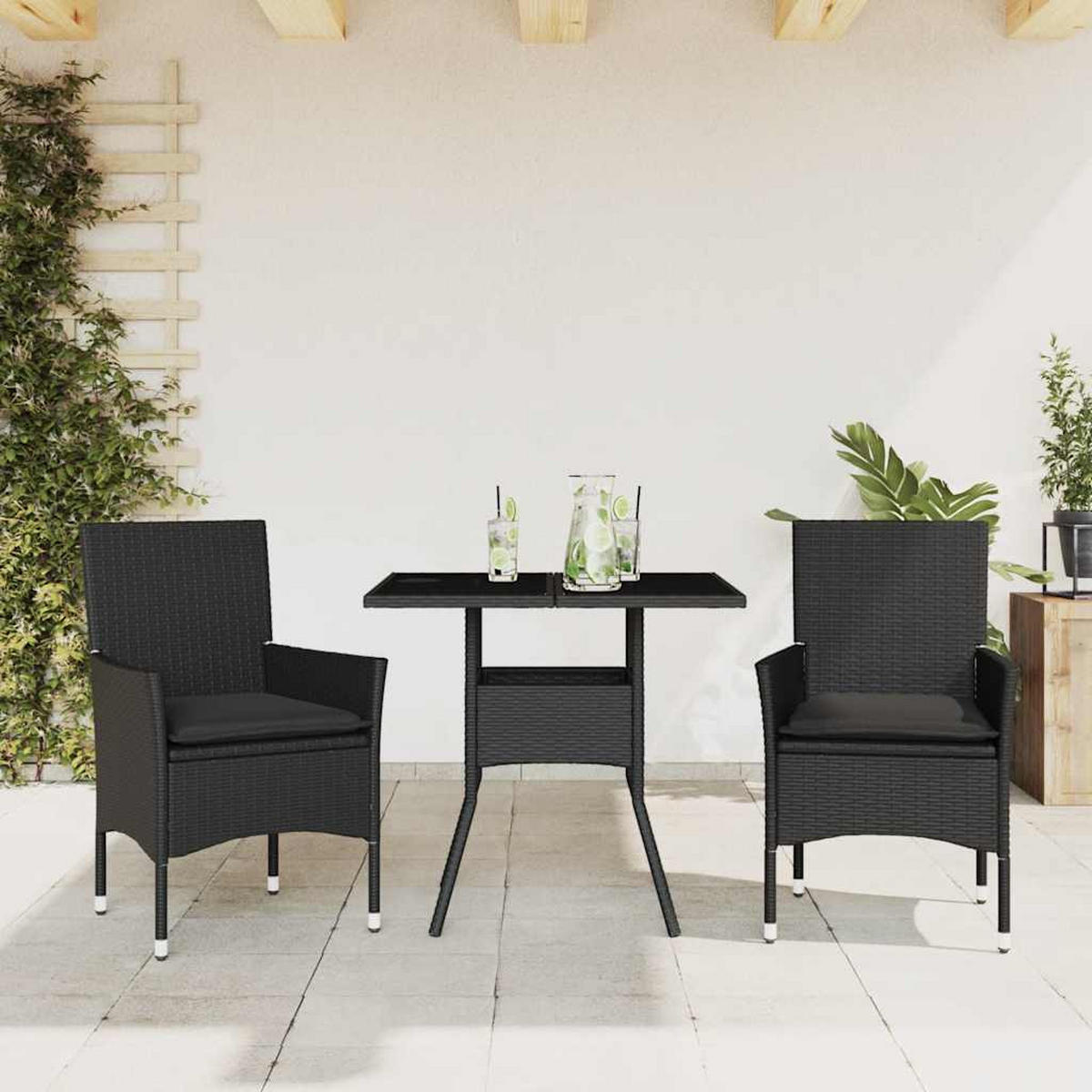 GARTEN-ESSGRUPPE 3-teilig Mit Kissen Schwarz Poly Rattan Glas - Schwarz, Kunststoff - vidaXL