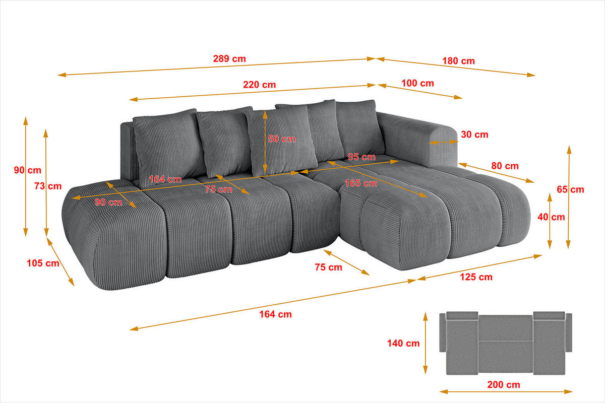 ECKSOFA Ottomane Rechts CLOUD-L-v1 289x180x40 Dunkelgrau Cord - Dunkelgrau, Holzwerkstoff/Kunststoff (289/180cm) - ALTDECOR