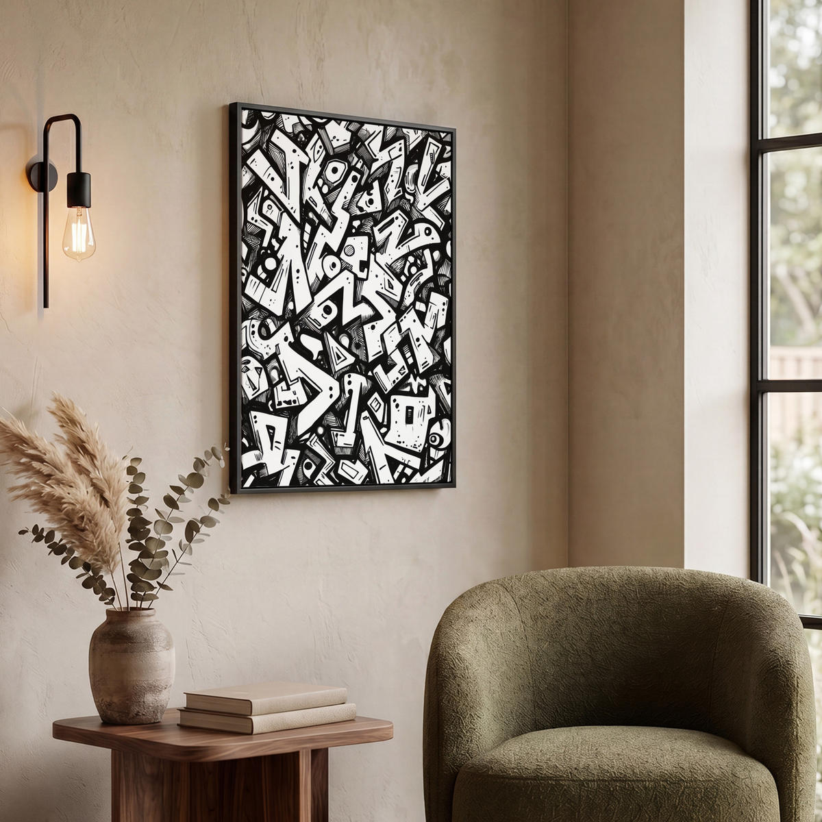 LEINWAND Bilder mit Rahmen - Formen - Buchstaben - Graffiti - Schwarz - 50x70 - Schwarz, Textil (50/70cm) - MuchoWow