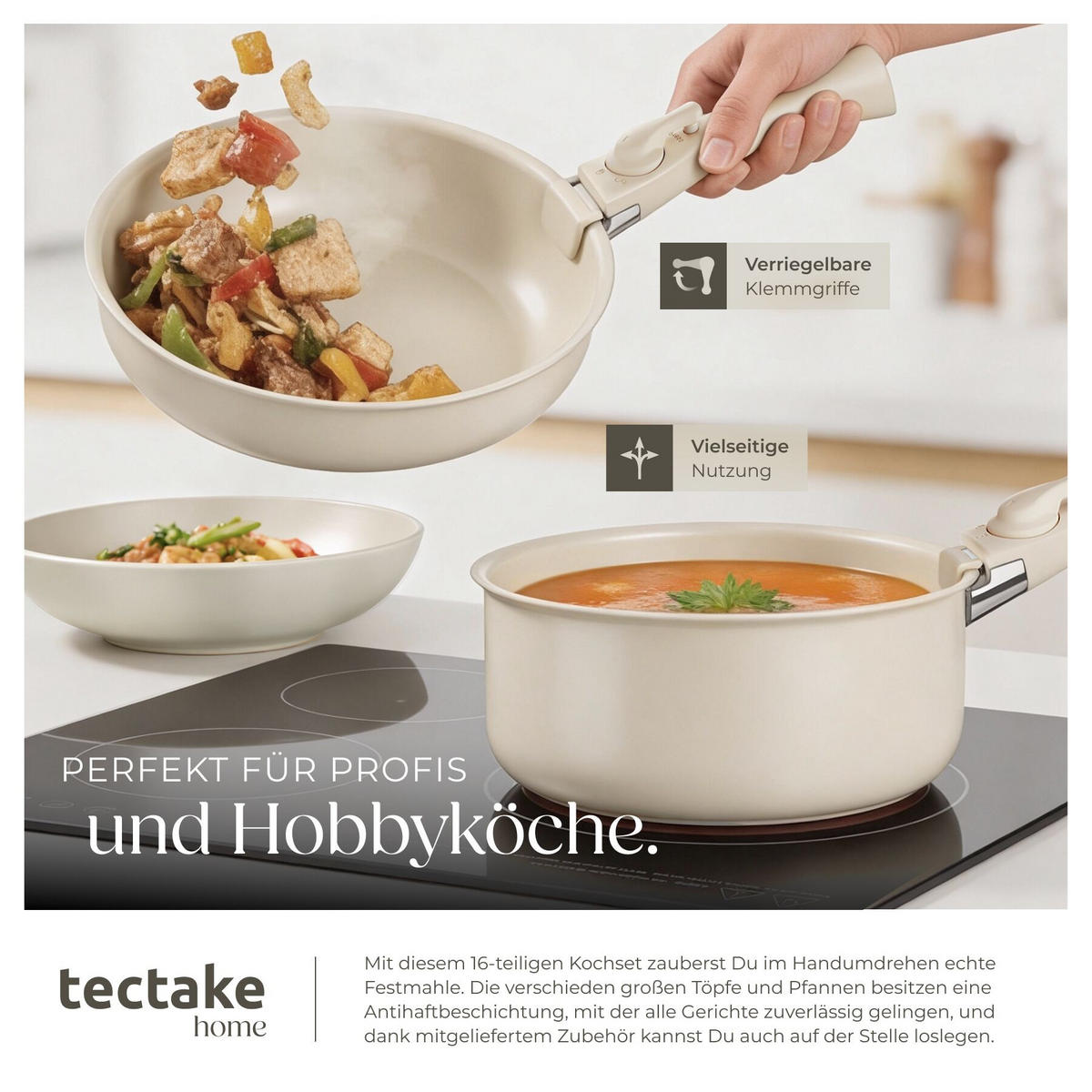 KÜCHENSTARTERSET 46er Set Una/Genua, inklusive Küchenwerkzeugen, Topfschonern und anklemmbaren Griffen, taupe/weiß - Taupe, Keramik (27.5/13/44cm) - tectake