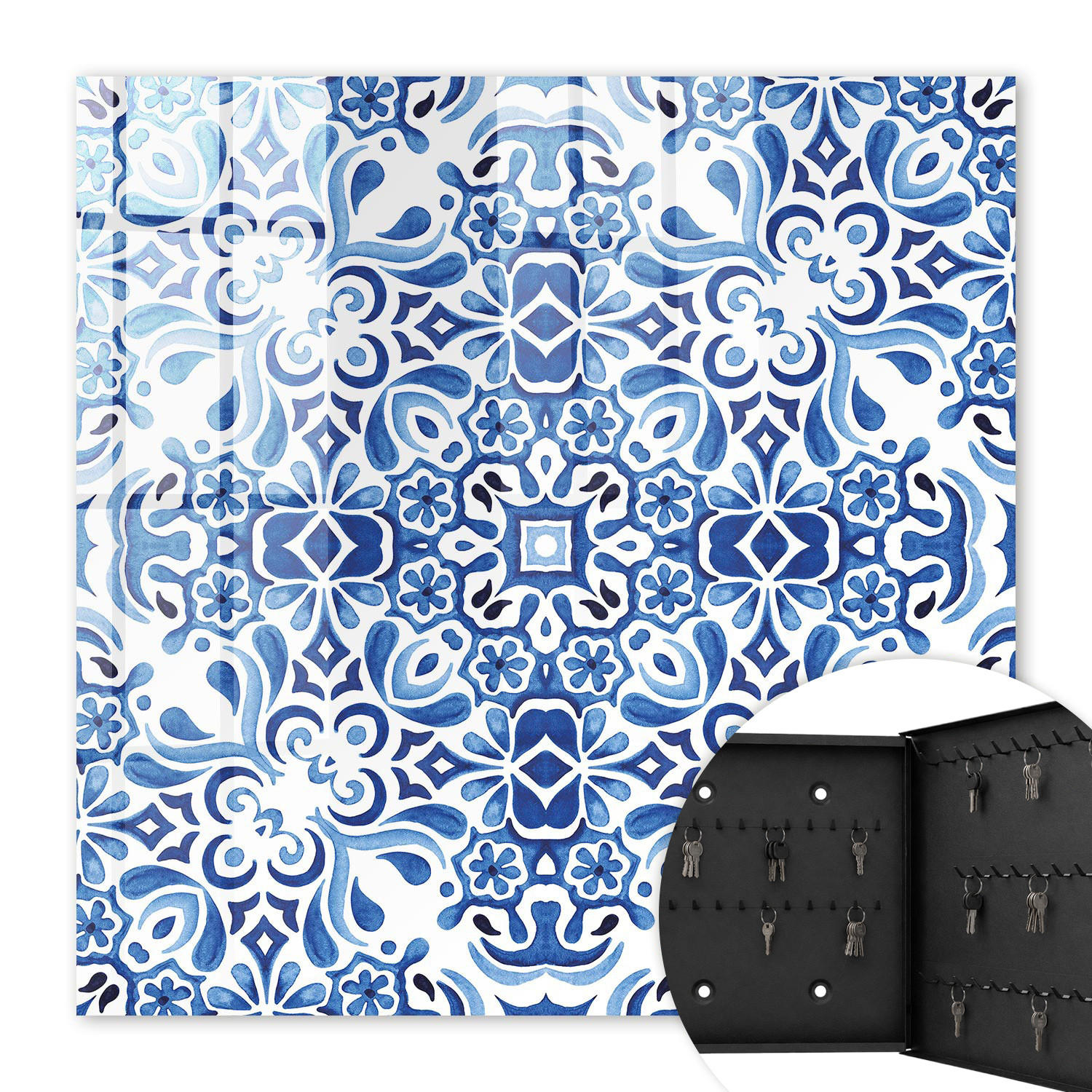 SCHLÜSSELBOX Schwarz 30x30 cm- Türöffnung nach rechts - Fliesenornamente - Blau, Metall (30/30/5cm) - TULUP