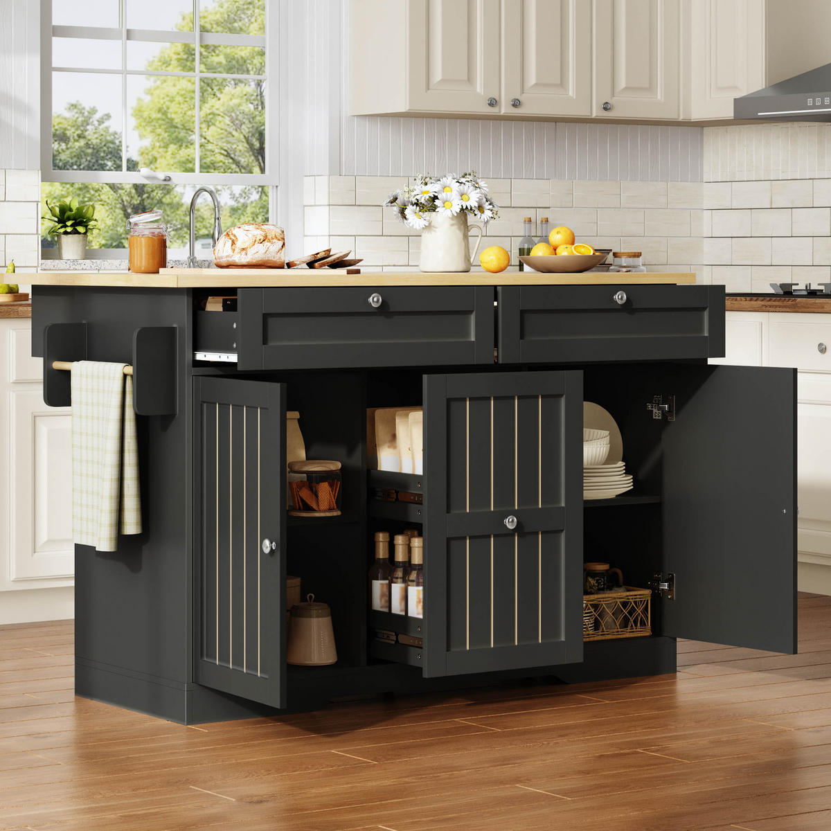 SERVIERWAGEN in Schwarz Kücheninsel mit klappbarer Arbeitsplatte und Schubladen, L120 × T45 (70) × H92 cm - Schwarz, Holzwerkstoff (137/92/70cm) - STILVORA