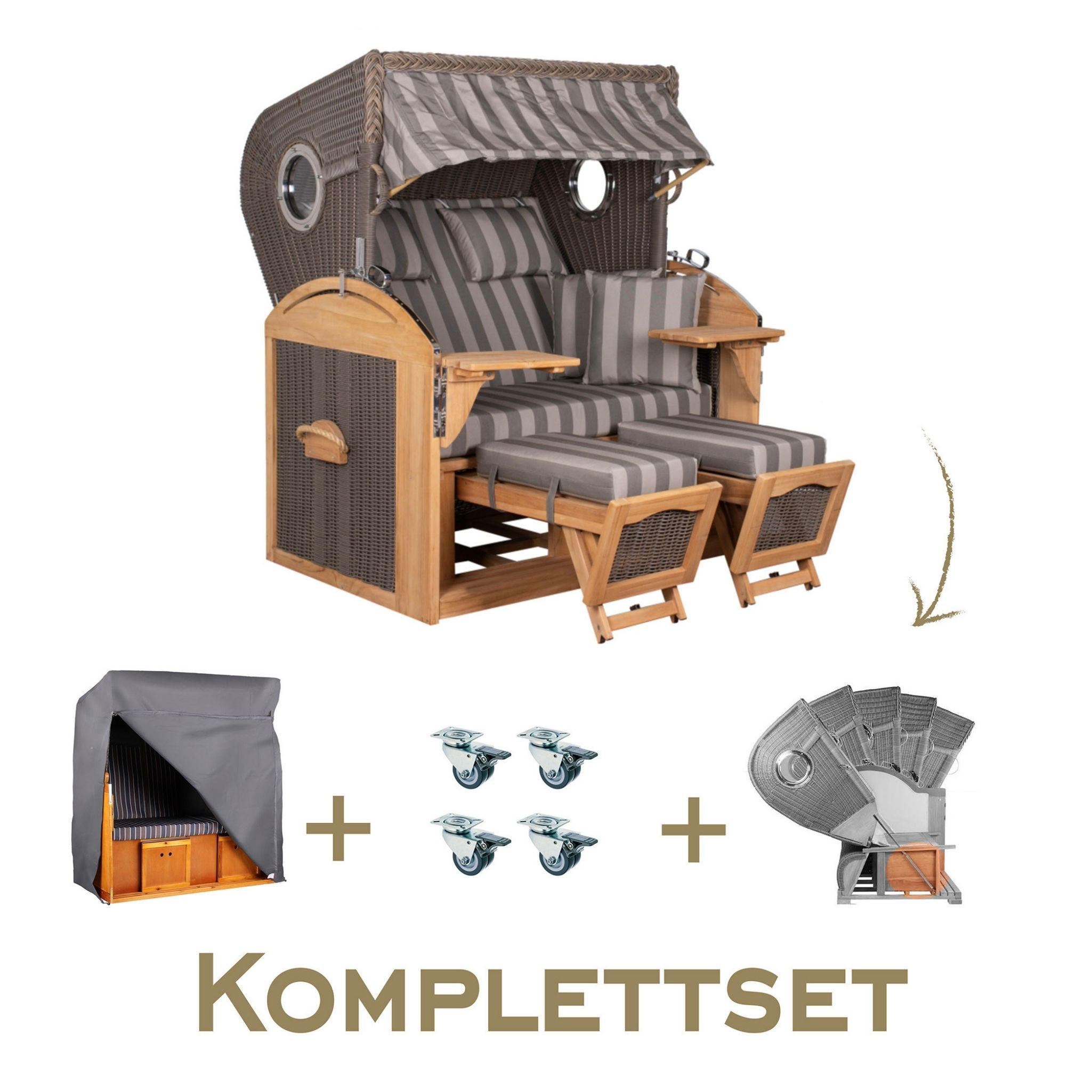 STRANDKORB Komplettset Schillig XL Teak Bullauge PE Grey Dessin 537 - Braun/Grau, Naturmaterialien/Metall (142/170/95cm) - Mr. Deko