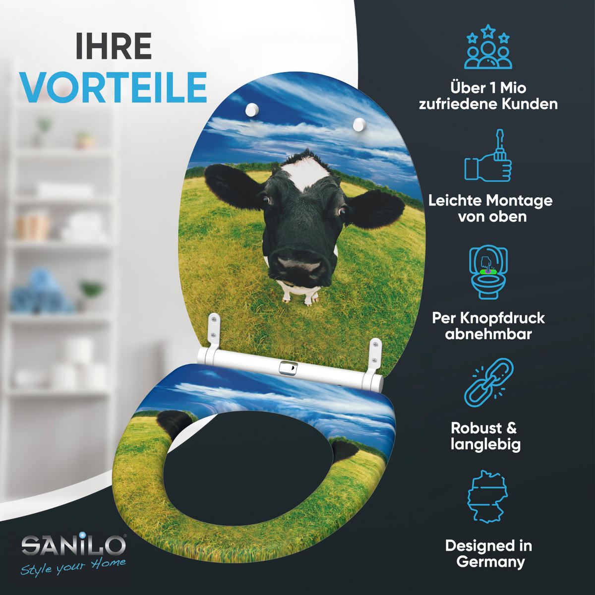 WC-SITZ mit Absenkautomatik & Top Fix Kuhkopf - Multicolor, Holzwerkstoff (37.7/5.5/48cm) - Sanilo