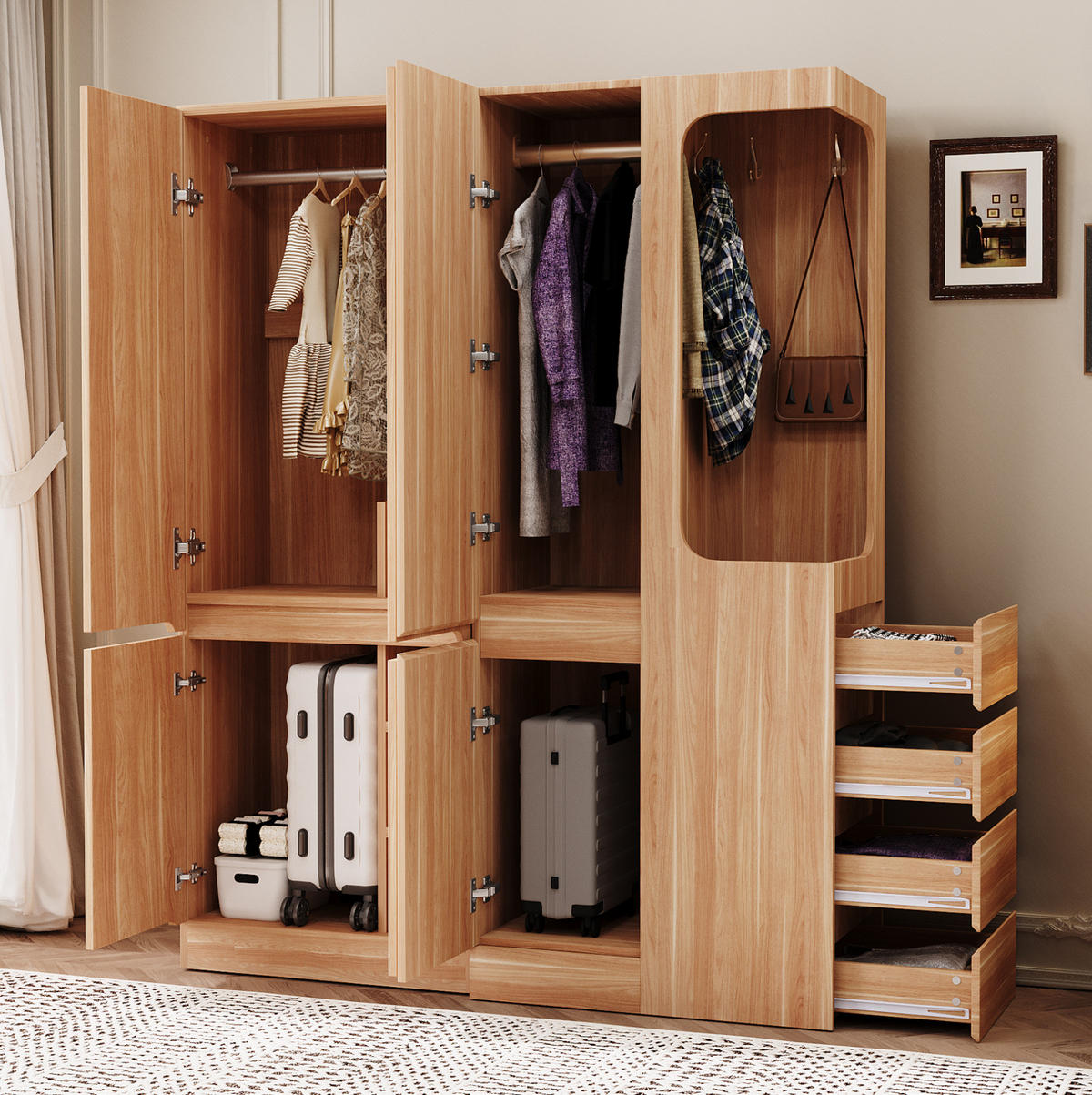 KLEIDERSCHRANK aus Kiefernholz, Sperrholz und MDF 162,5x40x170 cm Holzfarbe mit Schubladen, Staufächern und offenem Hängebereich - Nussbaumfarben, Holzwerkstoff (162.5/170/40cm) - Modfu