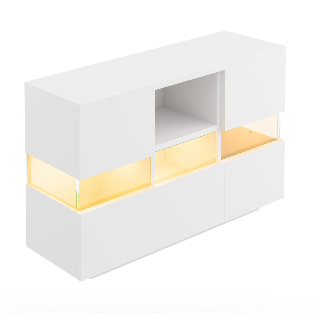 SIDEBOARD 140/35/75 cm in Weiß mit Glas-Elementen, Schubladen & offenen Fächern - Weiß, Holzwerkstoff (140/75/35cm) - BEAOK