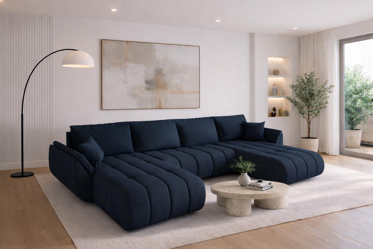 ECKSOFA mit schlaffunktion und bettkasten TOKYO U PREMIUM, stoff WIND, Dunkelblau - Dunkelblau, Holz (384/190cm) - Kaiser Möbel