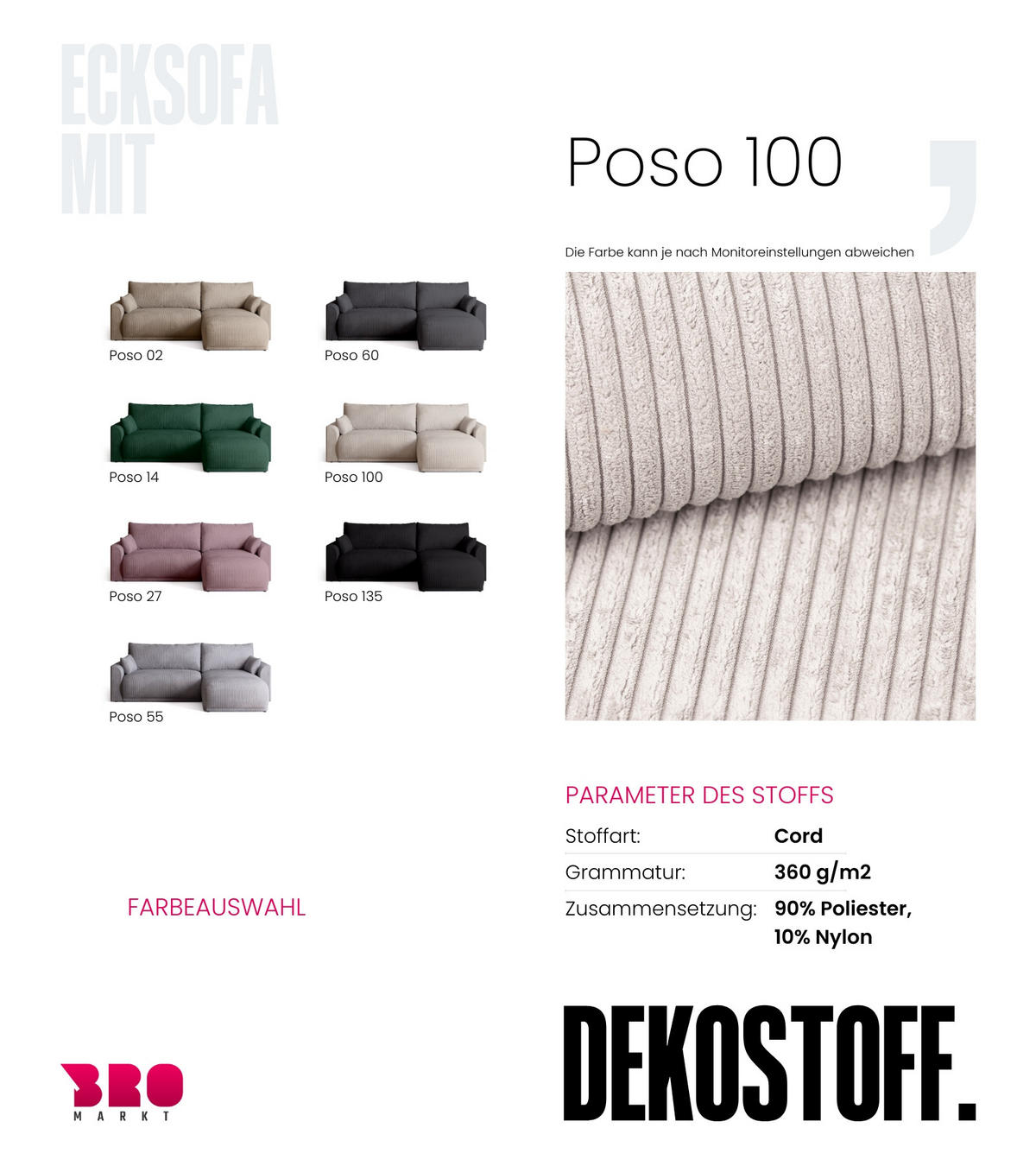 ECKSOFA MORENO mit Schlaffunktion Vanille Cord - Creme, Textil (262/160cm) - Bromarkt